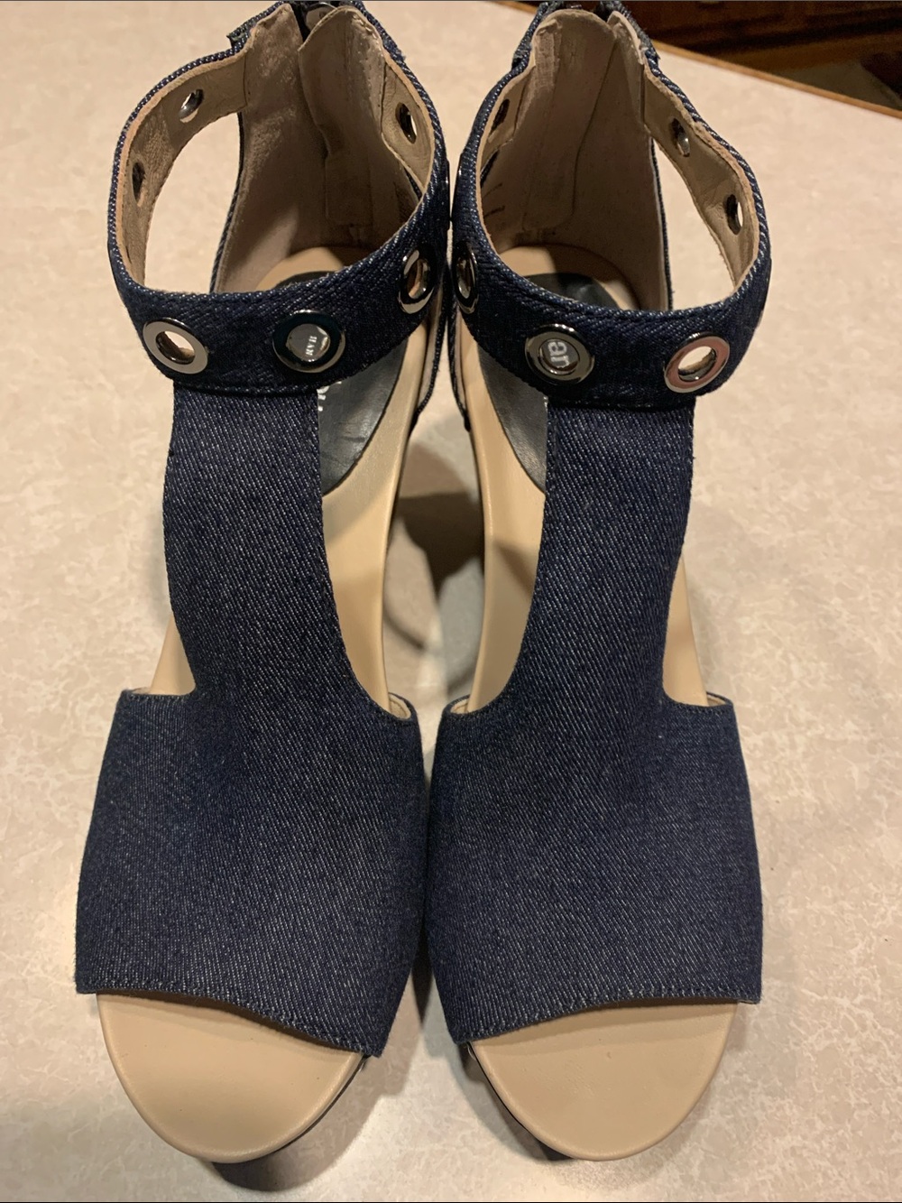 Jambu Navy Denim T-Strap Wedge Sandals with Grommet Ankle Strap.    Size 10
